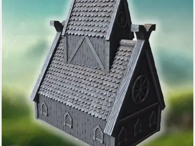 Traditional wooden hall with steep roof reinforced framework and 3D print model