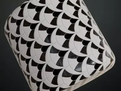 Modern Glossy Black and White Fan Pattern Tiles PBR Seamless Texture