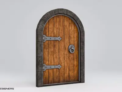 Medieval Wooden Door with Iron Hinges Low-poly 3D model