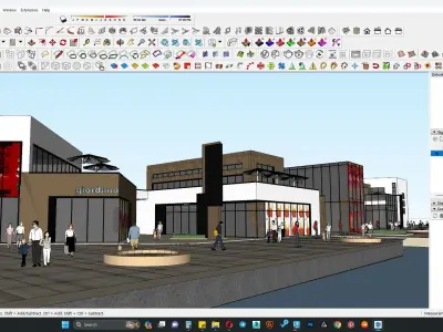 Highrise apartment building along outdoor sitting area 3D model