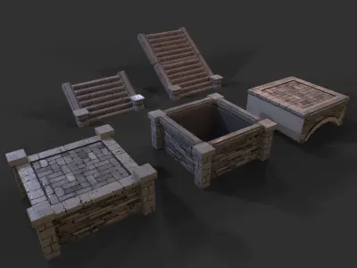Modular medieval stone platforms for dungeon pack Low-poly 3D model