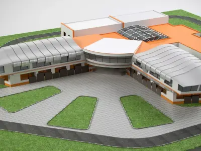 School building on grass 3D model