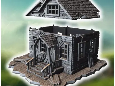 Dilapidated wooden house with a broken porch shattered windows a 3D print model