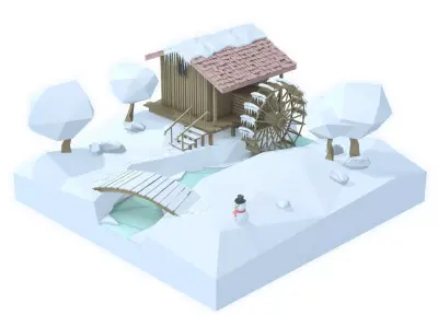 Watermill isometric landscape winter village low poly Low-poly 3D model