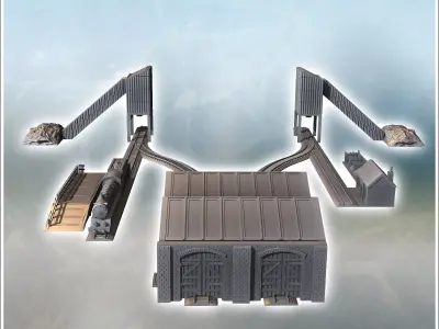Industrial railway complex with sheds for trains locomotives and 3D print model