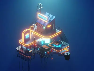 Low poly pitstop neon-lit building in ocean Low-poly 3D model