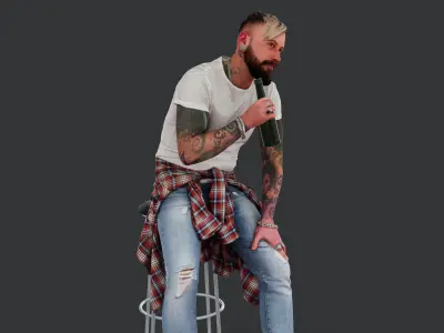 Relaxed Man with Beer on Bar Stool 3D model