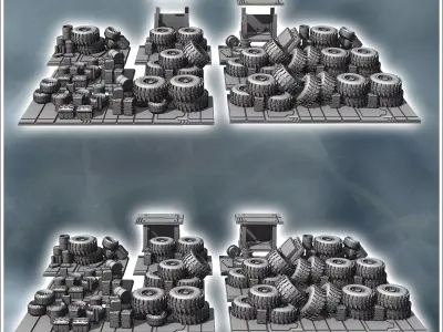 Set of tire barricades with crates and two sheltered shacks 1 -  3D print model