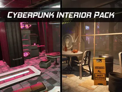 Cyberpunk Sushi Pizza Restaurant Interior Pack BillBoards  Low-poly 3D model