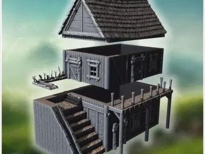 Medieval wooden house with stone foundation detailed stairs and  3D print model