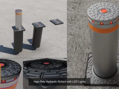 Hydraulic Bollard with LED Lights High and Low-Poly 3D Model Pack