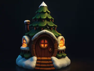Enchanted Winter Pine Cottage Fantasy Environment Asset Low-poly 3D model