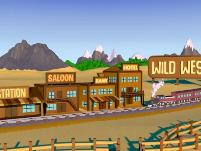 Illustration of Wild West and desert with a railroad Low-poly 3D model