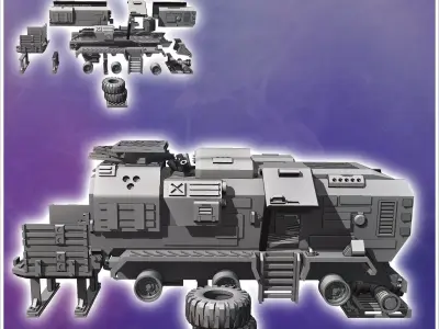 Futuristic shelter in a vehicle carcass with tires and slightly  3D print model