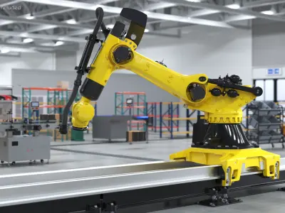  Robotic Arm Yellow on Rails Rigged for Cinema 4D 