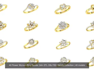 40 Flower Women Ring Render 3dm STL OBJ FBX Details Collection 3D Model Pack