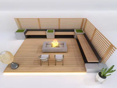 Modern Outdoor Deck with Fire Pit and Lounge Low-poly 3D model