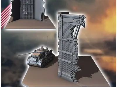 Scene with building and carcass of American Sherman M4A3E8 HVSS  3D print model