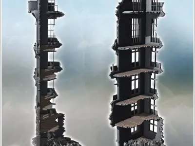 Narrow ruined structure with detailed windows exposed brickwork  3D print model