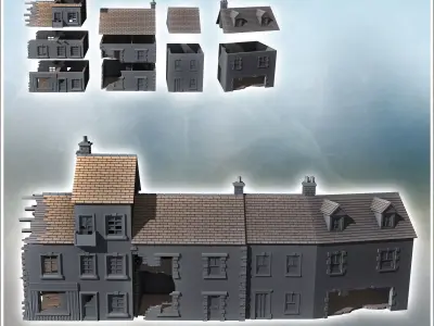Set of four attached European ruined houses with chimneys and ro 3D print model