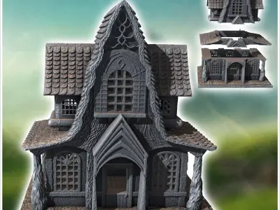 Medieval house with rounded tiled roof patterned facade walls an 3D print model