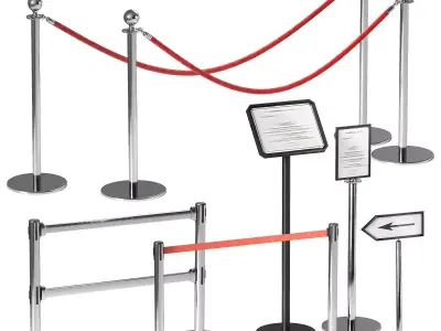 Crowd barrier velvet rope stanchion and signs 3D model