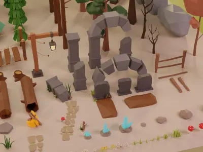 LowPoly Nature - Trees Grass and Rocks Low-poly 3D model