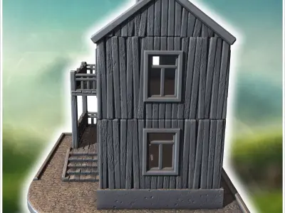 Two-story wooden house with a balcony intact windows and a stone 3D print model