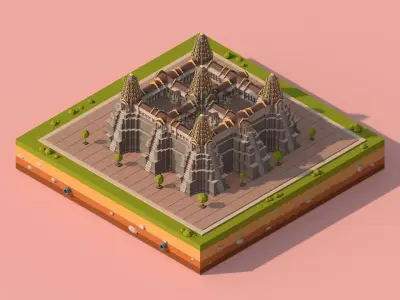 Cartoon Low Poly Ankor Wat Temple Low-poly 3D model