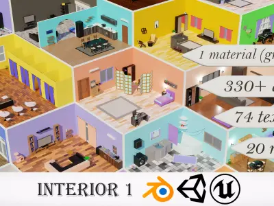 Home Interior Rooms with furniture Furniture pack Low-poly 3D model
