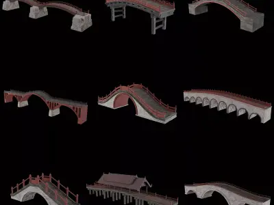 JAPAN JAPANESE ASIAN ORIENTAL TEMPLE CITY BRIDGE COLLECTION Low-poly 3D model