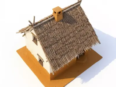 Traditional Rural House with Whitewashed Walls and Thatched Roof Low-poly 3D model