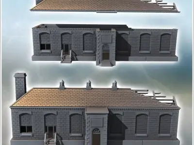 Damaged building with two stairway entrances bricked-up windows  3D print model
