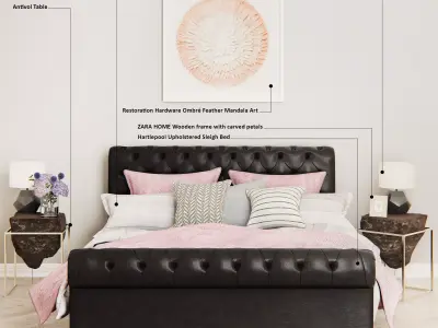 Bedroom set leather bed with accents 3D model