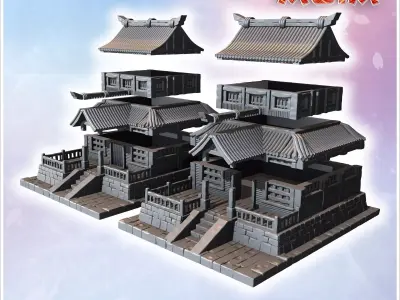 Pair of large Japanese buildings with wooden stairs tiled roofs  3D print model