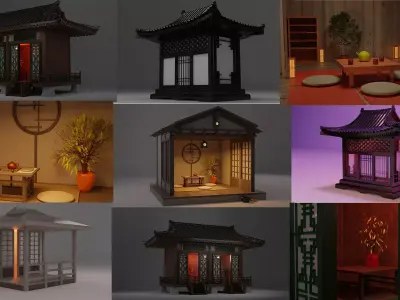 Japanese Garden Structures Buildings Exterior  3D Model Pack