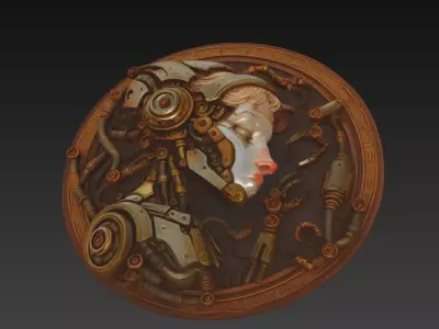 Cyberpunk Medallion - Futuristic Female Mecha Relief 3D Model 3D print model