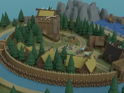 Cartoon Polygonal Viking Castle Low-poly 3D model