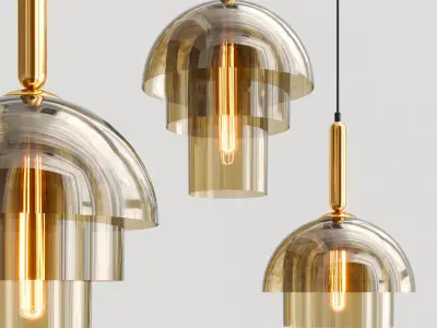 JOLLY three gold and glass pendant lights hanging from ceiling 3D model