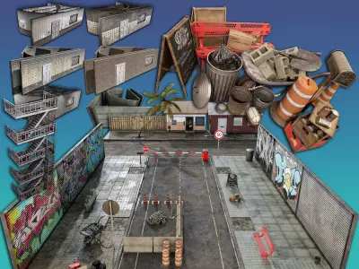 exterior city building objects - low-poly - street 3D Model Pack