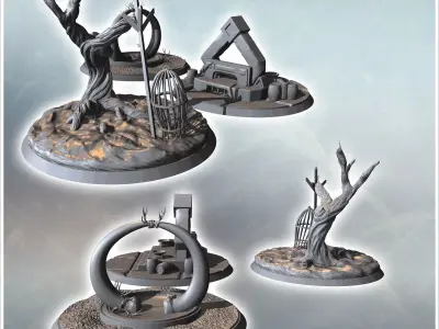 Circular structures featuring an archway a hut and a twisted tre 3D print model