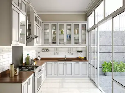 Kitchen with cabinets and glass doors 3D model
