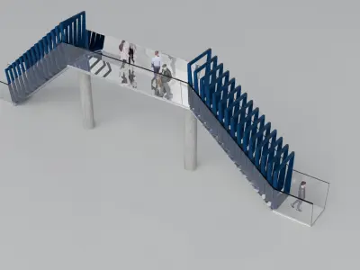 Modern Glass Pedestrian Bridge with Stairs High-Quality 3D Model Low-poly 3D model