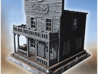 Traditional saloon with double balcony wooden railings swinging  3D print model