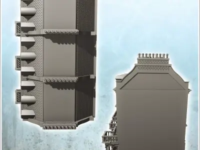 Large modern building with balcony and chimneys with low wall 30 3D print model