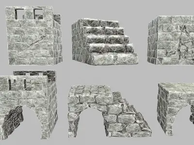 Stair Set brick wall Low-poly 3D model