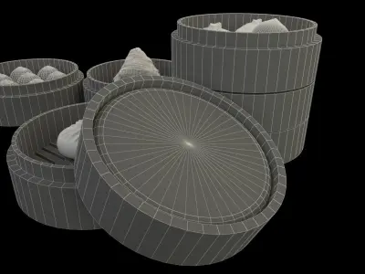 Chinese dim sum in steamer bamboo 3D model