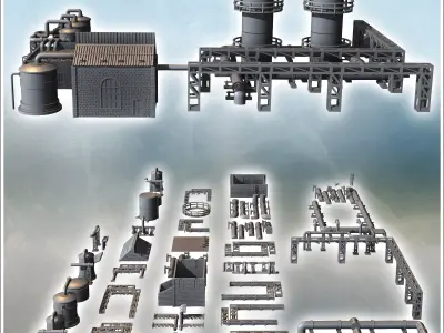 Modular industrial site set with large storage tanks pillars wit 3D print model