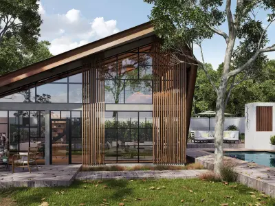 Glasshouse modern house with swimming pool 3D model