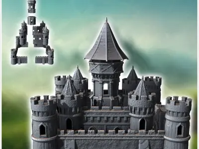 Large medieval castle with concave-roofed keep and imposing surr 3D print model